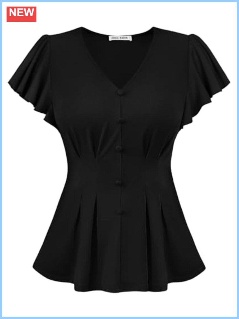 Flutter Sleeve Peplum Blouse V-Neck Decorative Buttons Wrinkle Resistant